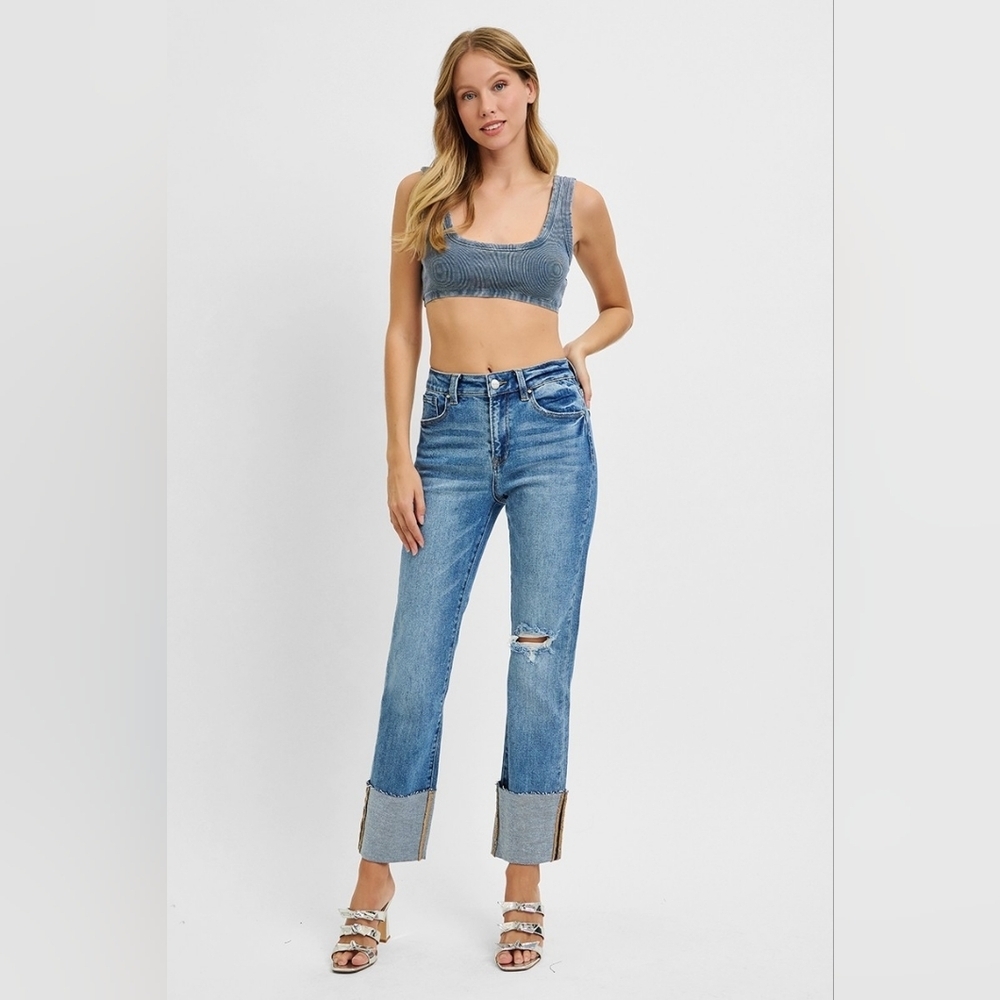 Risen HR Medium Wash Wide Cuff Straight Fit Denim Jeans Long Inseam Various NEW